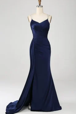 Marinha Sereia Esparguete Correias Plissado Corset Longo Vestido de Baile com Fenda