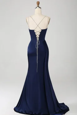 Marinha Sereia Esparguete Correias Plissado Corset Longo Vestido de Baile com Fenda