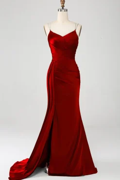 Marinha Sereia Esparguete Correias Plissado Corset Longo Vestido de Baile com Fenda