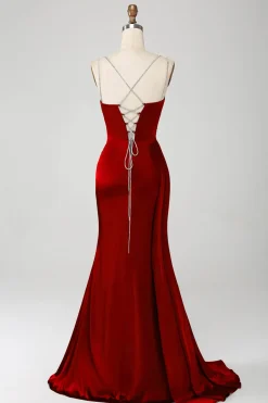 Marinha Sereia Esparguete Correias Plissado Corset Longo Vestido de Baile com Fenda