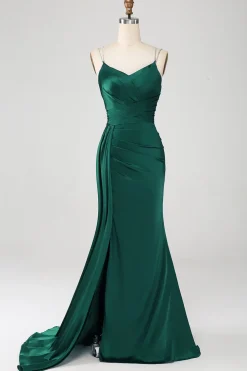 Marinha Sereia Esparguete Correias Plissado Corset Longo Vestido de Baile com Fenda
