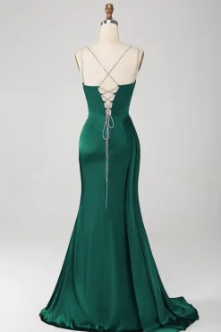 Marinha Sereia Esparguete Correias Plissado Corset Longo Vestido de Baile com Fenda