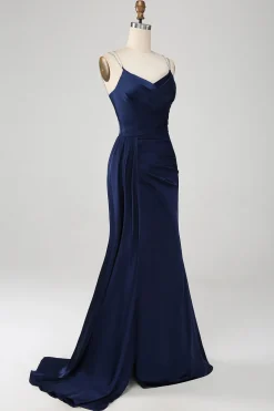 Marinha Sereia Esparguete Correias Plissado Corset Longo Vestido de Baile com Fenda