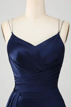 Marinha Sereia Esparguete Correias Plissado Corset Longo Vestido de Baile com Fenda
