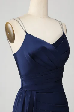 Marinha Sereia Esparguete Correias Plissado Corset Longo Vestido de Baile com Fenda