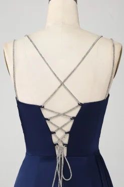 Marinha Sereia Esparguete Correias Plissado Corset Longo Vestido de Baile com Fenda