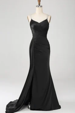 Marinha Sereia Esparguete Correias Plissado Corset Longo Vestido de Baile com Fenda