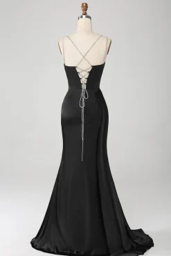 Marinha Sereia Esparguete Correias Plissado Corset Longo Vestido de Baile com Fenda