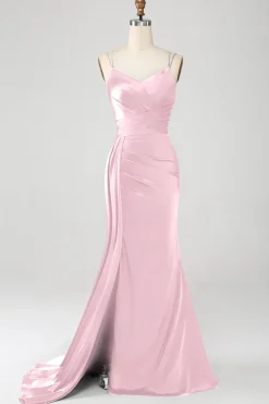 Marinha Sereia Esparguete Correias Plissado Corset Longo Vestido de Baile com Fenda