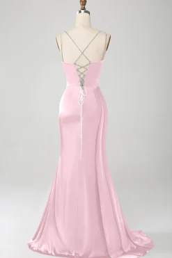 Marinha Sereia Esparguete Correias Plissado Corset Longo Vestido de Baile com Fenda