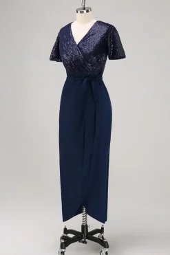 Marinha Sereia Mangas Curtas V-neck Mãe do Vestido da Noiva
