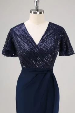 Marinha Sereia Mangas Curtas V-neck Mãe do Vestido da Noiva