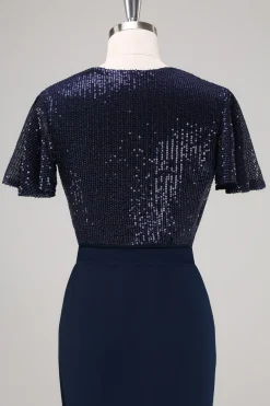 Marinha Sereia Mangas Curtas V-neck Mãe do Vestido da Noiva