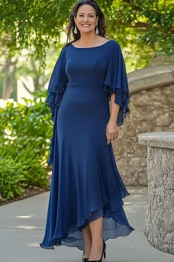 Marinha Sereia Ruffle Flowy 3/4 Mangas Chiffon Long Mãe do Vestido da Noiva