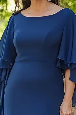 Marinha Sereia Ruffle Flowy 3/4 Mangas Chiffon Long Mãe do Vestido da Noiva