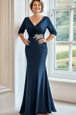 Marinha Stretch cetim V-neck bainha mãe do vestido de noiva com meias mangas