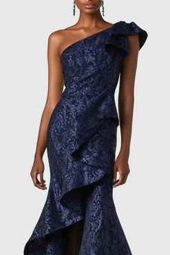 Marinha Um Ombro babado Sereia Vestido Formal