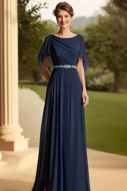 Marinha Uma Linha Chiffon Vestido Mãe da Noiva com Mangas Flutter