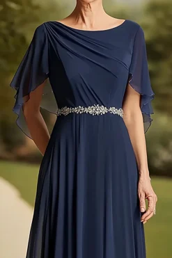 Marinha Uma Linha Chiffon Vestido Mãe da Noiva com Mangas Flutter
