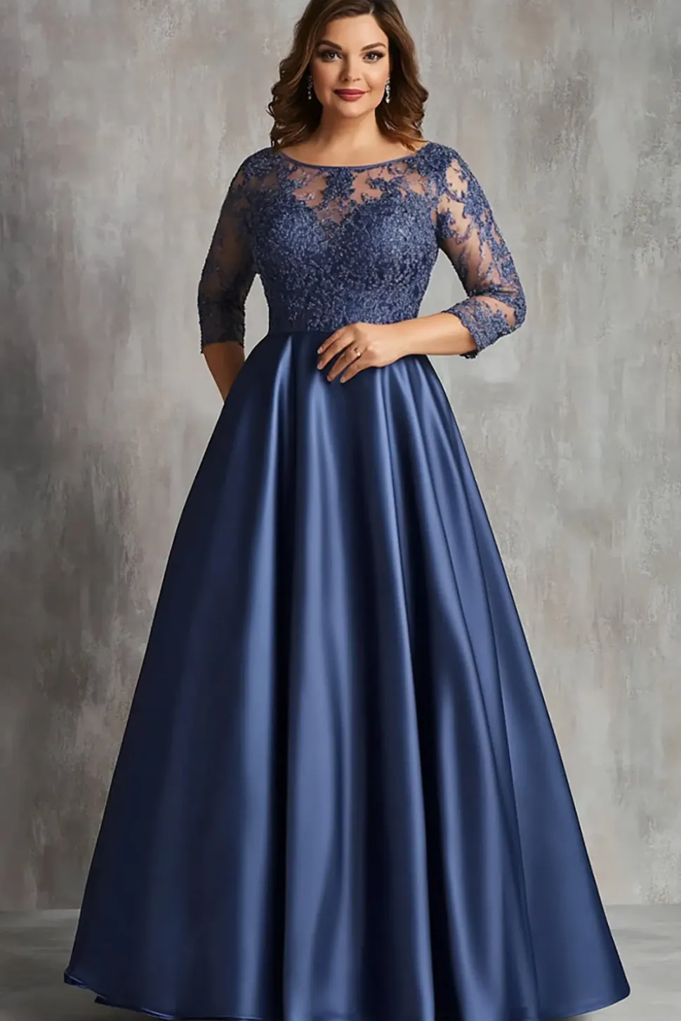 Marinha Uma Linha de Cetim Plus Size Longa Mãe do Vestido de Noiva com Apliques de Renda