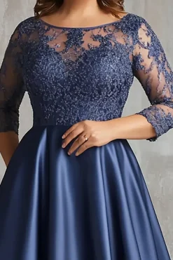 Marinha Uma Linha de Cetim Plus Size Longa Mãe do Vestido de Noiva com Apliques de Renda
