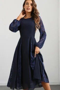 Marinha Uma linha de pescoço redondo vestido de baile longo com mangas compridas