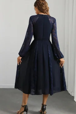 Marinha Uma linha de pescoço redondo vestido de baile longo com mangas compridas