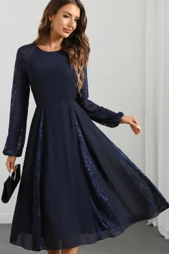 Marinha Uma linha de pescoço redondo vestido de baile longo com mangas compridas