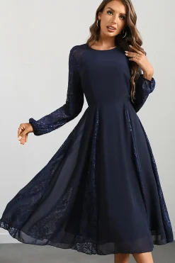 Marinha Uma linha de pescoço redondo vestido de baile longo com mangas compridas