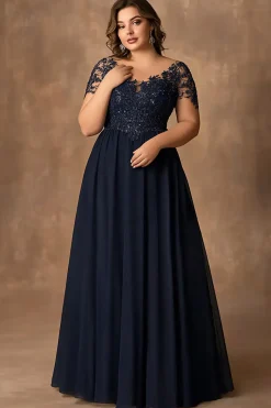 Marinha Uma Linha de Renda Plus Size Longa Mãe do Vestido da Noiva