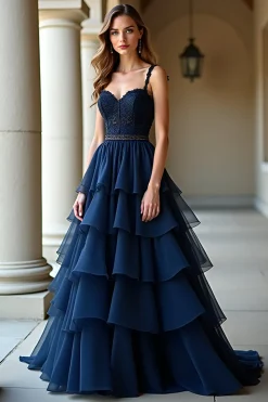 Marinha Uma Linha Esparguete Correias Longo Vestido de Baile com Folhos