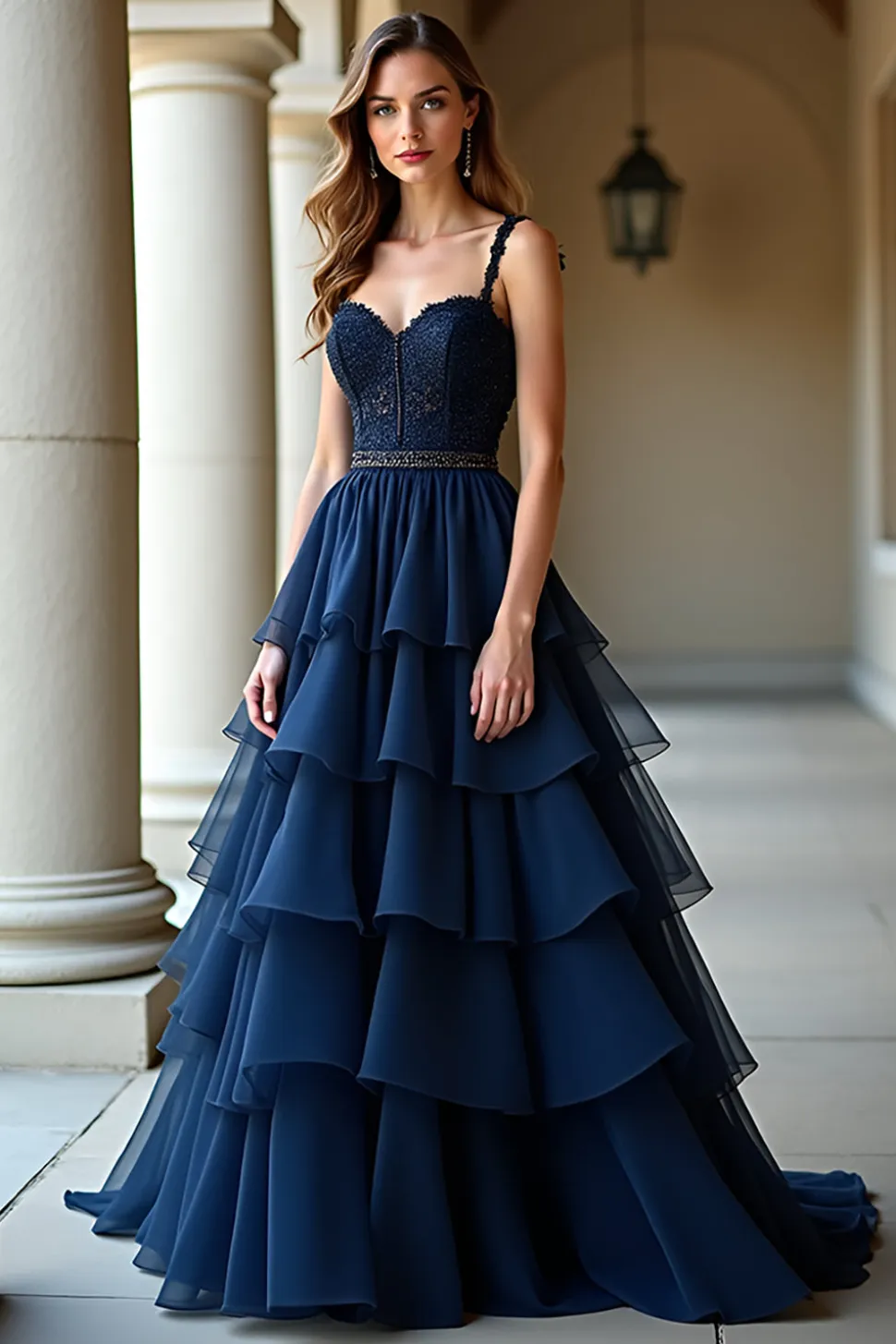 Marinha Uma Linha Esparguete Correias Longo Vestido de Baile com Folhos