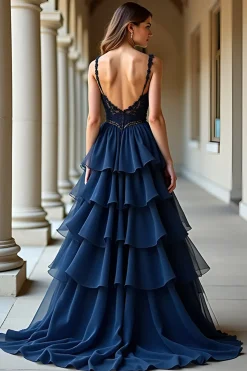 Marinha Uma Linha Esparguete Correias Longo Vestido de Baile com Folhos