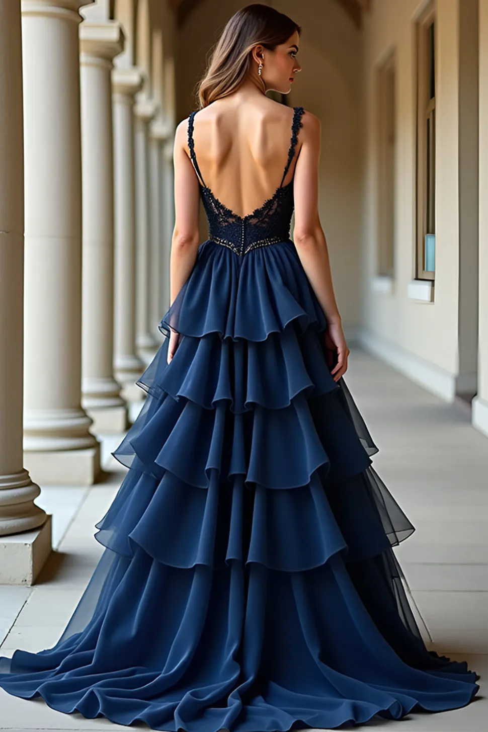 Marinha Uma Linha Esparguete Correias Longo Vestido de Baile com Folhos