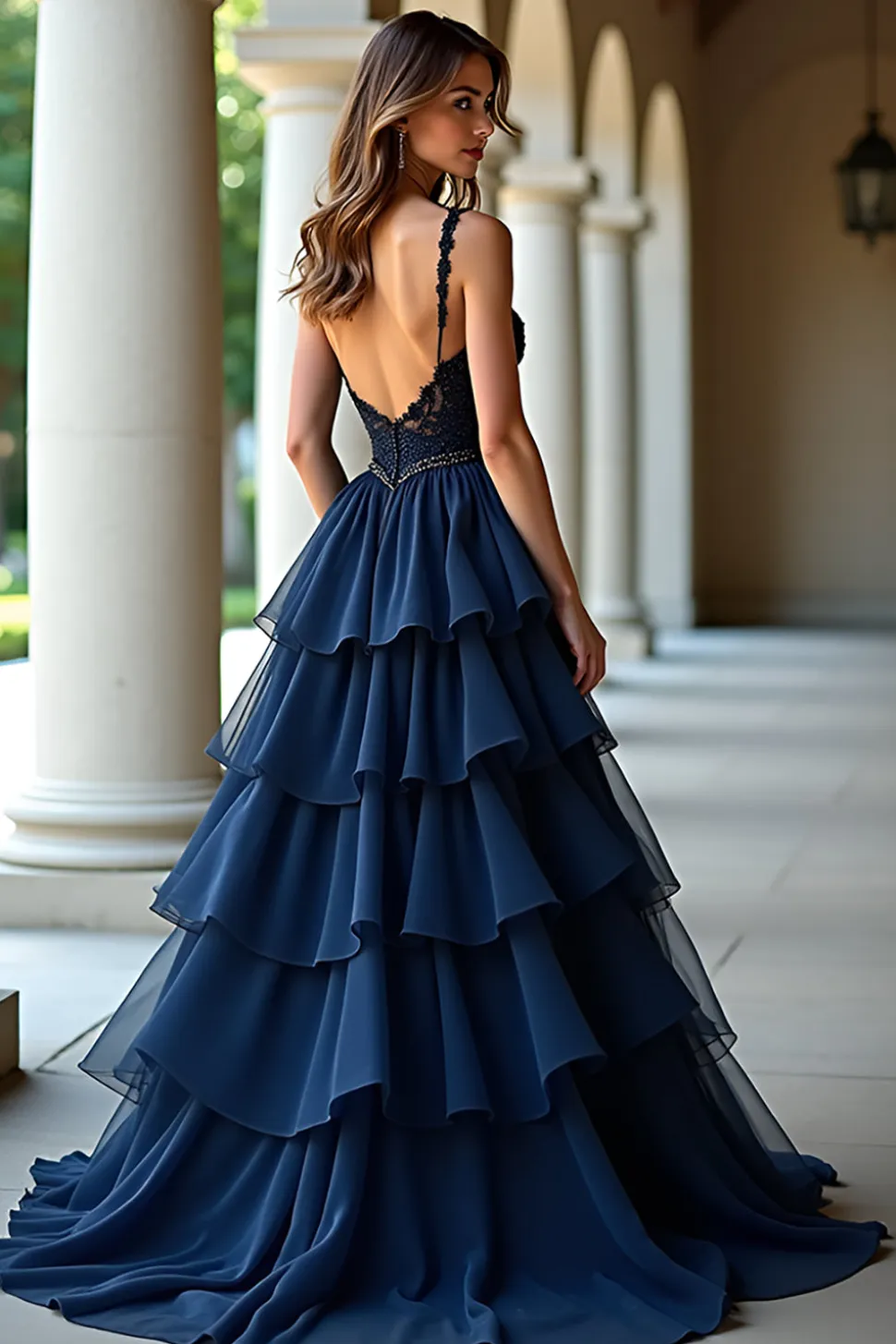 Marinha Uma Linha Esparguete Correias Longo Vestido de Baile com Folhos