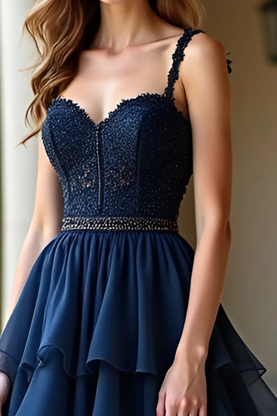 Marinha Uma Linha Esparguete Correias Longo Vestido de Baile com Folhos