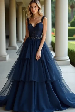 Marinha Uma Linha Esparguete Correias Tiered Lace Long Prom Dress