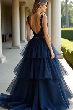 Marinha Uma Linha Esparguete Correias Tiered Lace Long Prom Dress