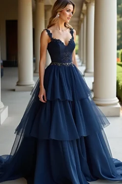 Marinha Uma Linha Esparguete Correias Tiered Lace Long Prom Dress