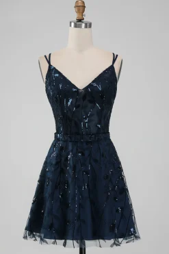 Marinha Uma Linha Esparguete Correias Brilhantes Sequins Vestido Curto Homecoming