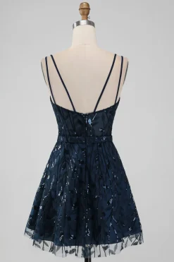 Marinha Uma Linha Esparguete Correias Brilhantes Sequins Vestido Curto Homecoming