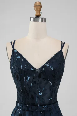 Marinha Uma Linha Esparguete Correias Brilhantes Sequins Vestido Curto Homecoming