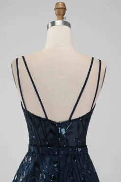 Marinha Uma Linha Esparguete Correias Brilhantes Sequins Vestido Curto Homecoming