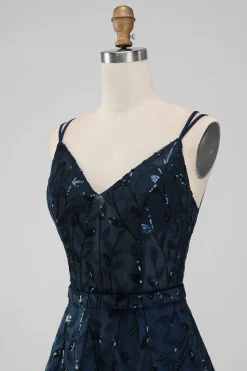 Marinha Uma Linha Esparguete Correias Brilhantes Sequins Vestido Curto Homecoming