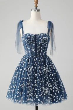 Marinha Uma Linha Esparguete Correias Print Corset Vestido Curto Homecoming
