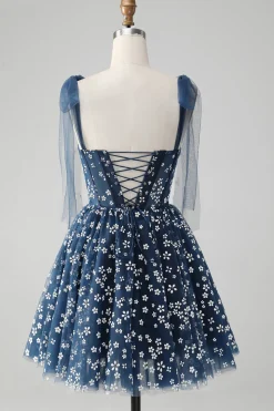 Marinha Uma Linha Esparguete Correias Print Corset Vestido Curto Homecoming
