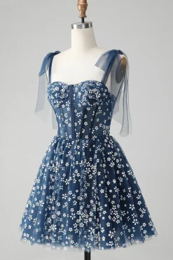 Marinha Uma Linha Esparguete Correias Print Corset Vestido Curto Homecoming