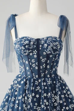 Marinha Uma Linha Esparguete Correias Print Corset Vestido Curto Homecoming