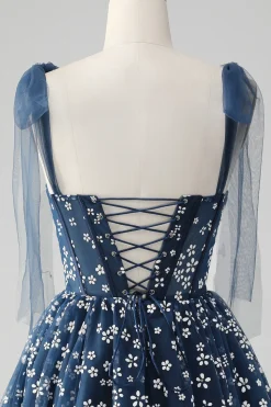 Marinha Uma Linha Esparguete Correias Print Corset Vestido Curto Homecoming
