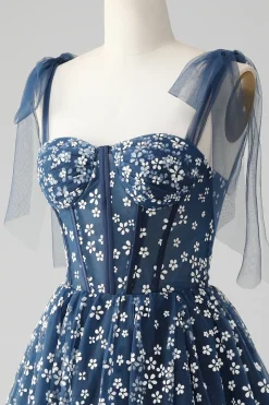 Marinha Uma Linha Esparguete Correias Print Corset Vestido Curto Homecoming